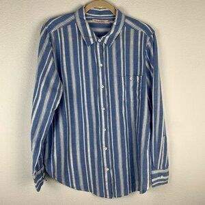 Fresh Produce Women's L Blue White Striped Button Up Down Collared Blouse Top
